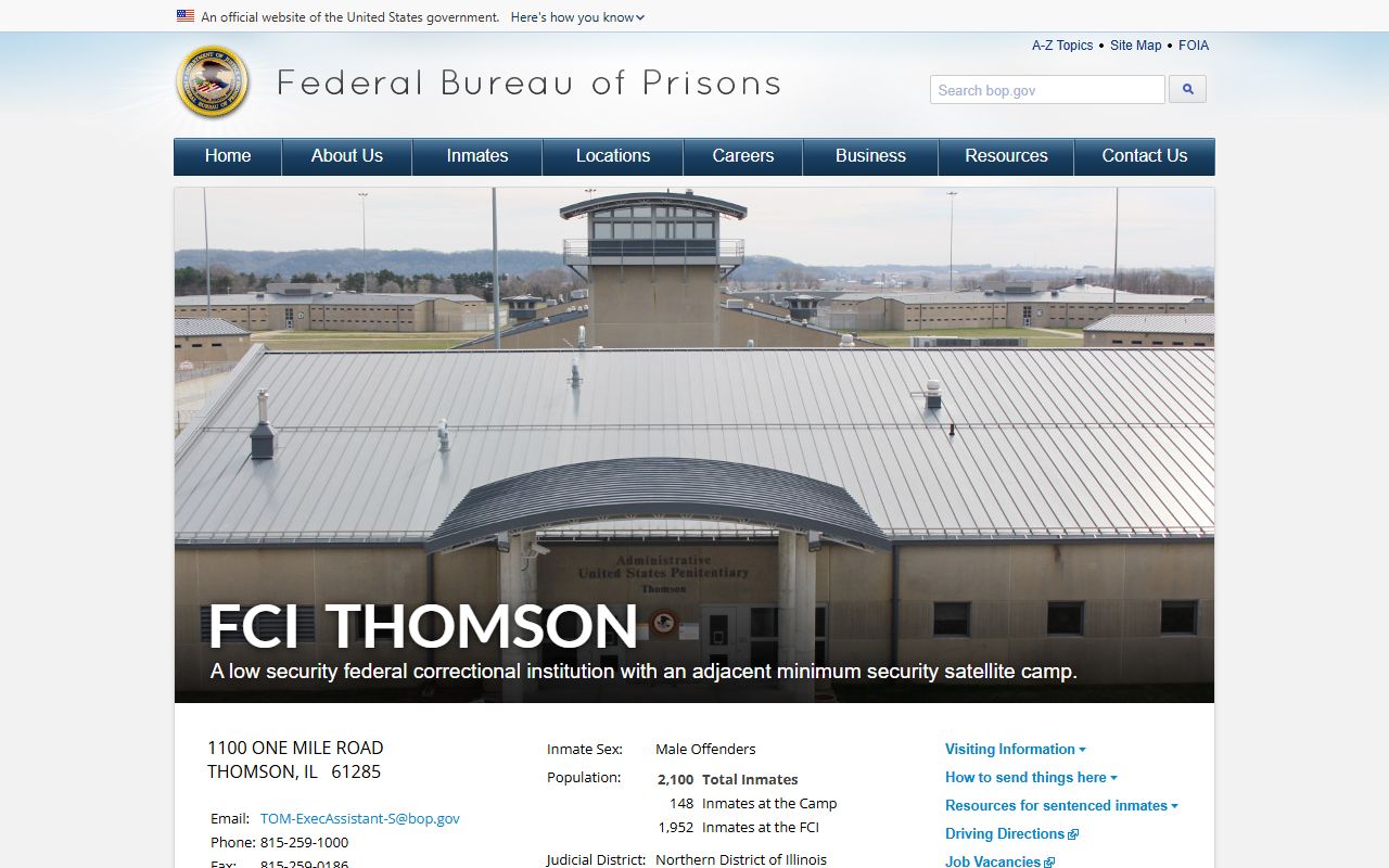 FCI Thomson federal inmate lookup facility page